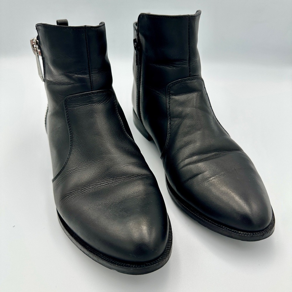 Marc Fisher Black Leather Ankle Boots Silver Side Zip Almond Toe Womens 7.5M